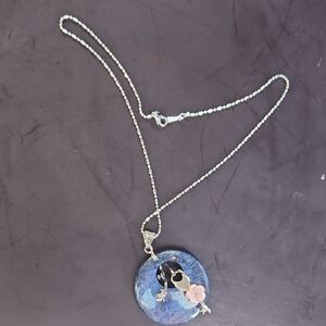 18k White Gold Plated Blue Pendant Necklace With Pink Amethist Flower Vntg.